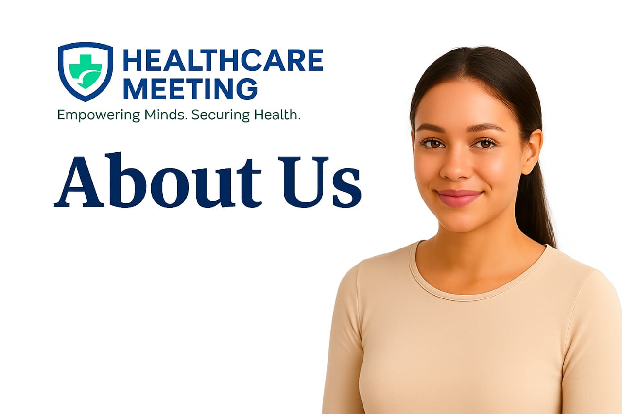 about banner featuring a smiling woman with healthcare meeting logo
