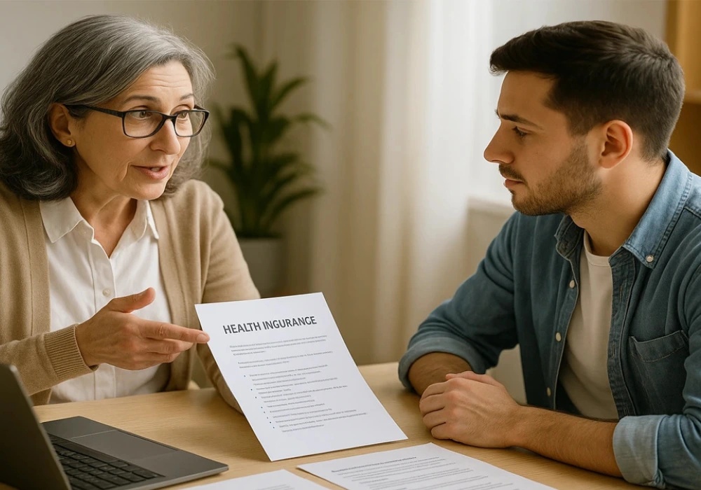 Person reviewing U.S. health insurance documents and benefits on laptop
